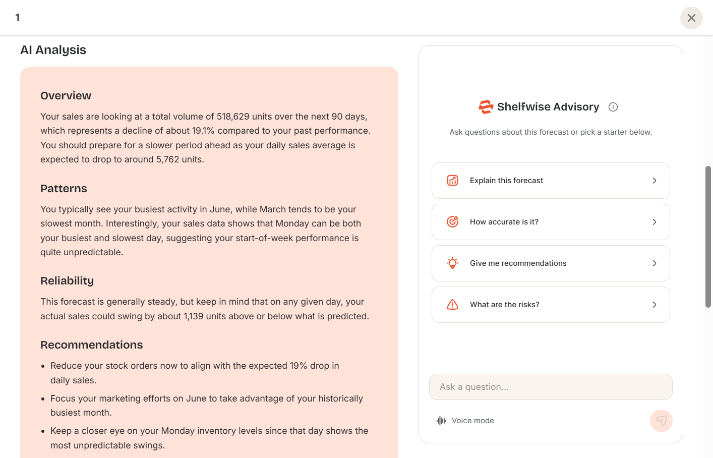 Screenshot: Forecast result page — AI analysis section showing structured text with trend insights, seasonality findings, and restocking recommendations
