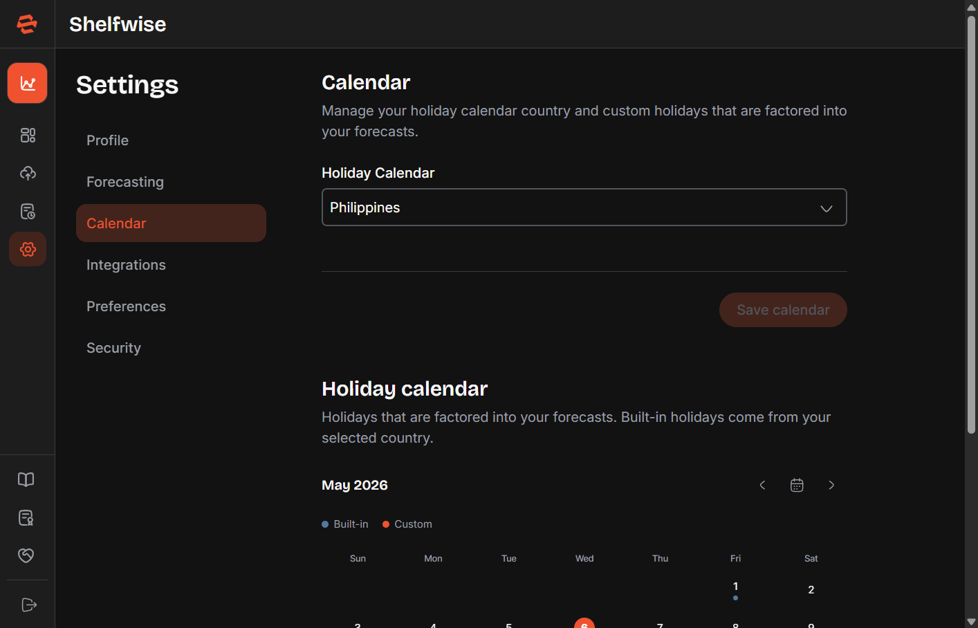 Screenshot needed: Settings — Calendar section showing country selector for public holidays and a custom holidays list with add/remove controls