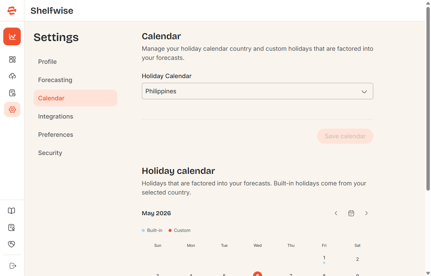 Screenshot needed: Settings — Calendar section showing country selector for public holidays and a custom holidays list with add/remove controls