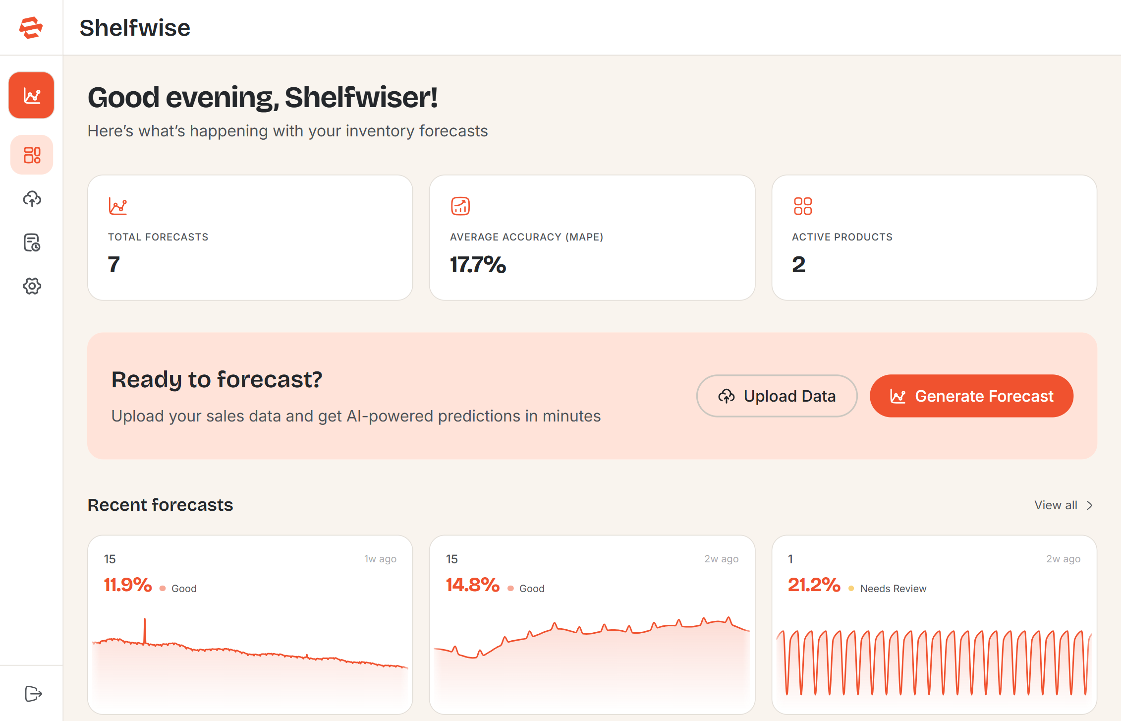 Screenshot: Shelfwise dashboard overview showing the stats bar and recent forecasts grid