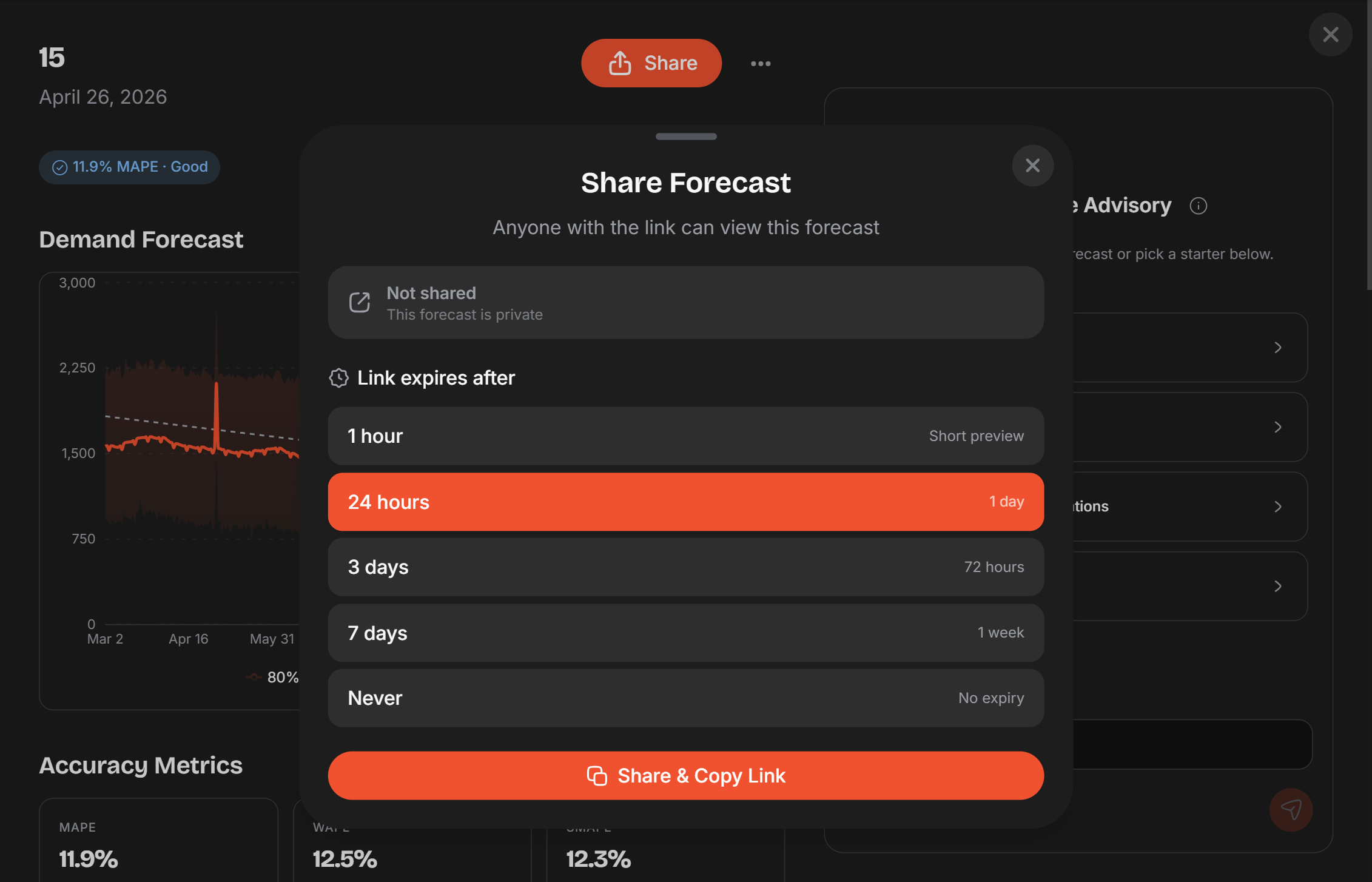 Screenshot: Forecast detail page — Share dialog showing the generated public URL with a copy button and a revoke link option