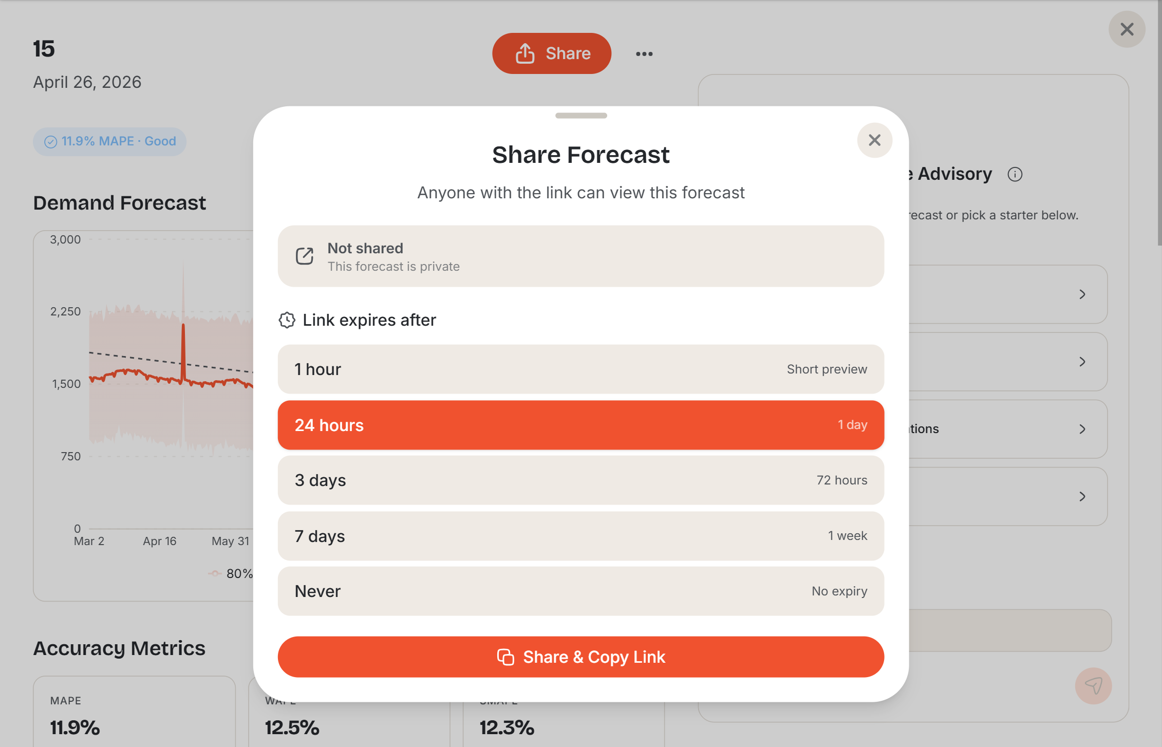 Screenshot: Forecast detail page — Share dialog showing the generated public URL with a copy button and a revoke link option