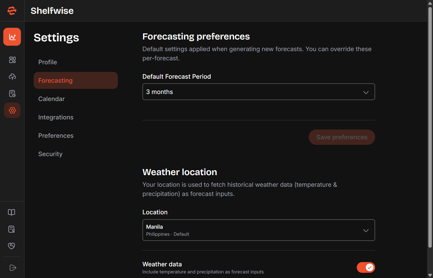 Screenshot needed: Settings — Forecasting section showing default model selector, default horizon input, and other pre-fill options