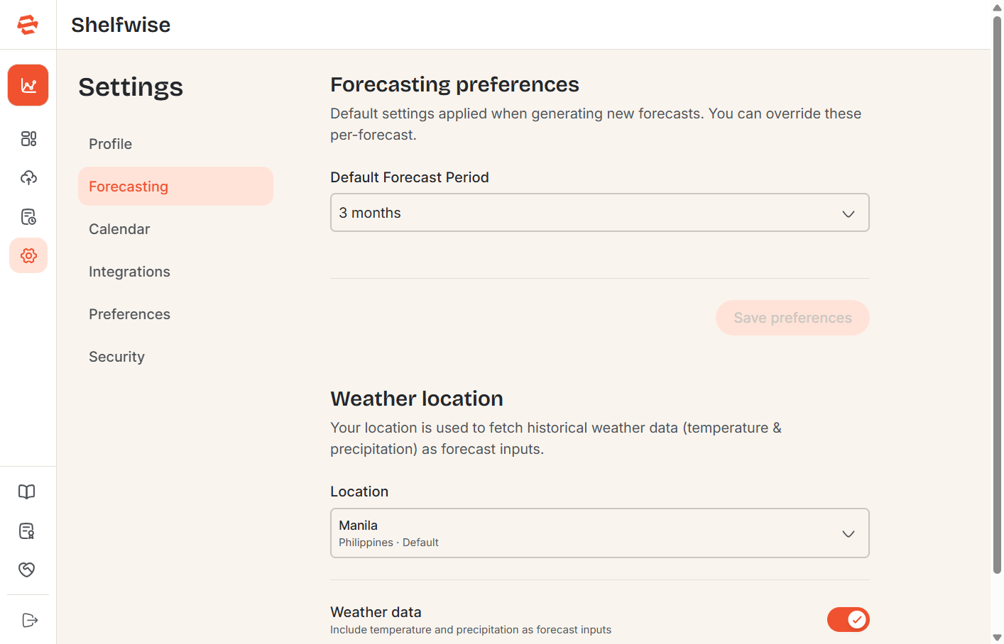 Screenshot needed: Settings — Forecasting section showing default model selector, default horizon input, and other pre-fill options