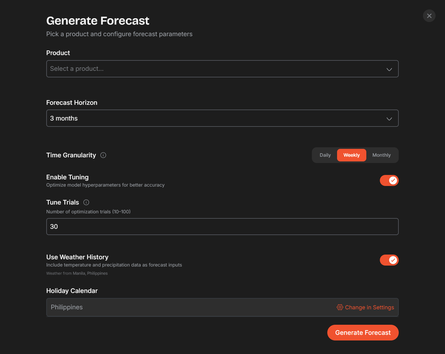 Screenshot: Generate Forecast panel showing the product selector, forecast horizon input, model dropdown, demand profile selector, and Generate button