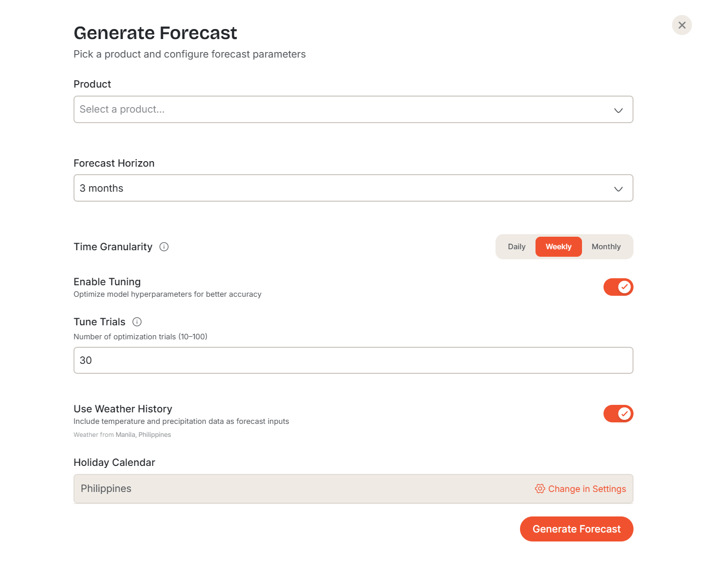 Screenshot: Generate Forecast panel showing the product selector, forecast horizon input, model dropdown, demand profile selector, and Generate button