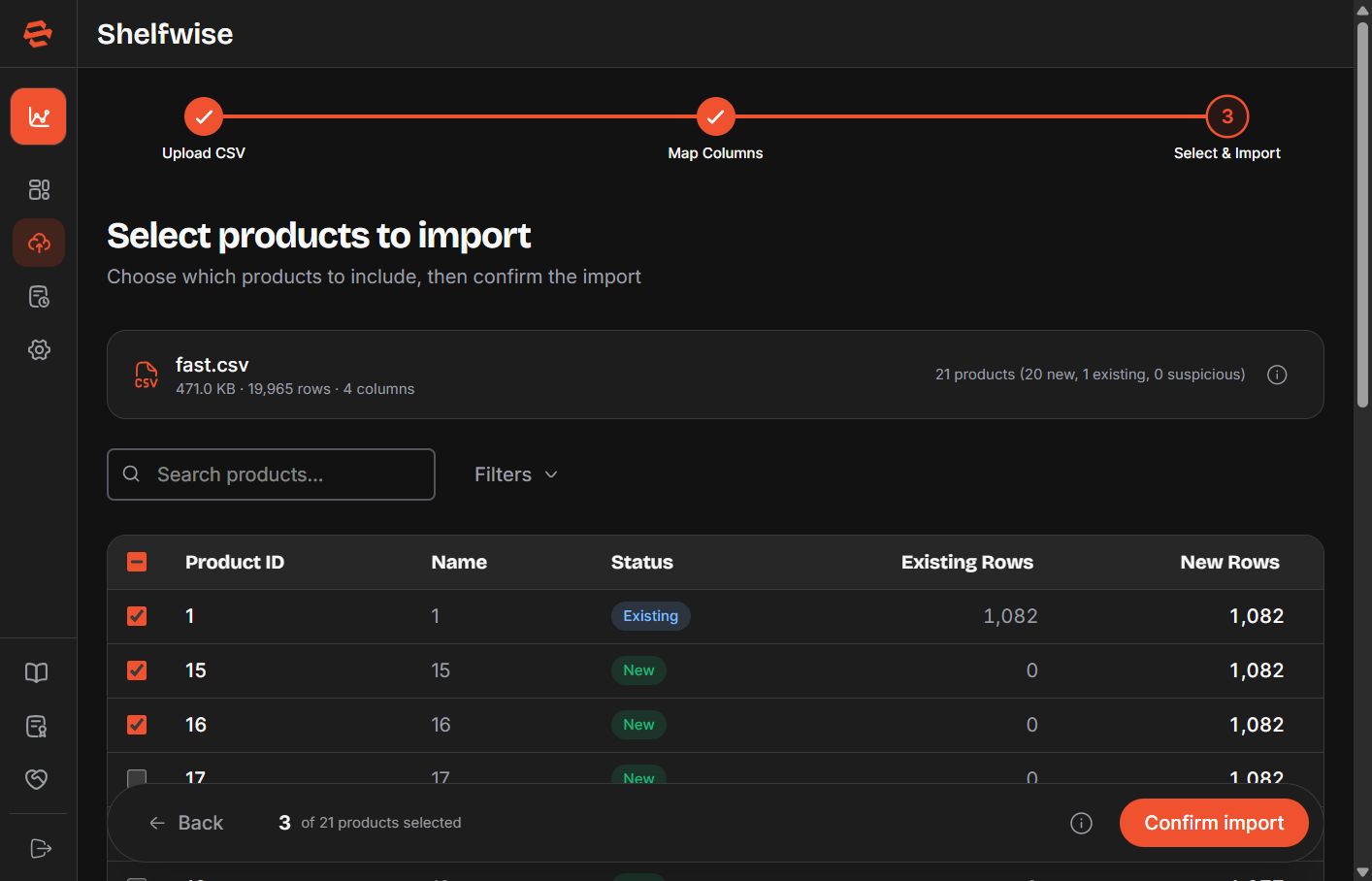 Screenshot: Upload Data page — Step 3: validation results showing a product list with row counts, date ranges, and any data quality warnings