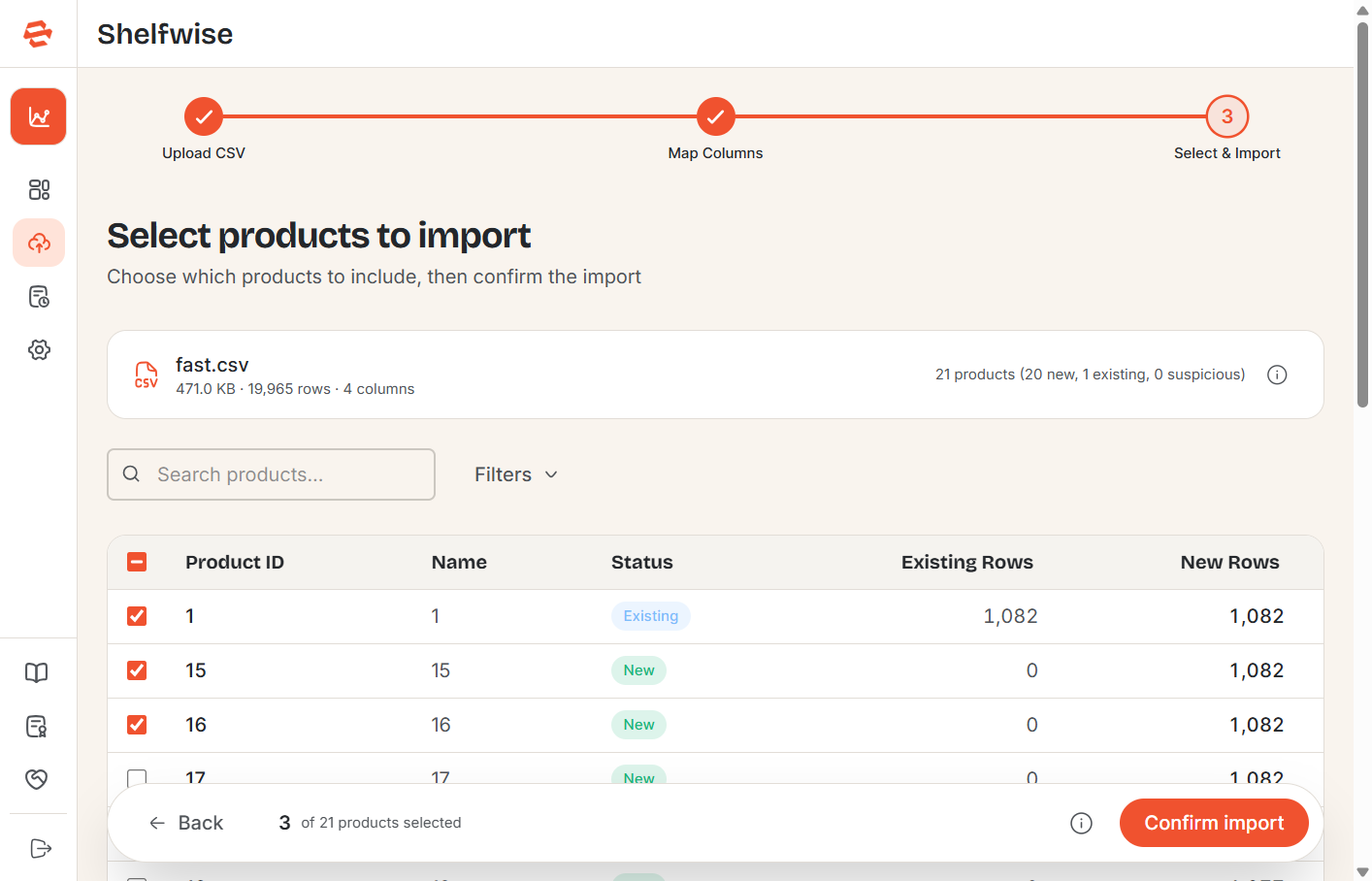Screenshot: Upload Data page — Step 3: validation results showing a product list with row counts, date ranges, and any data quality warnings