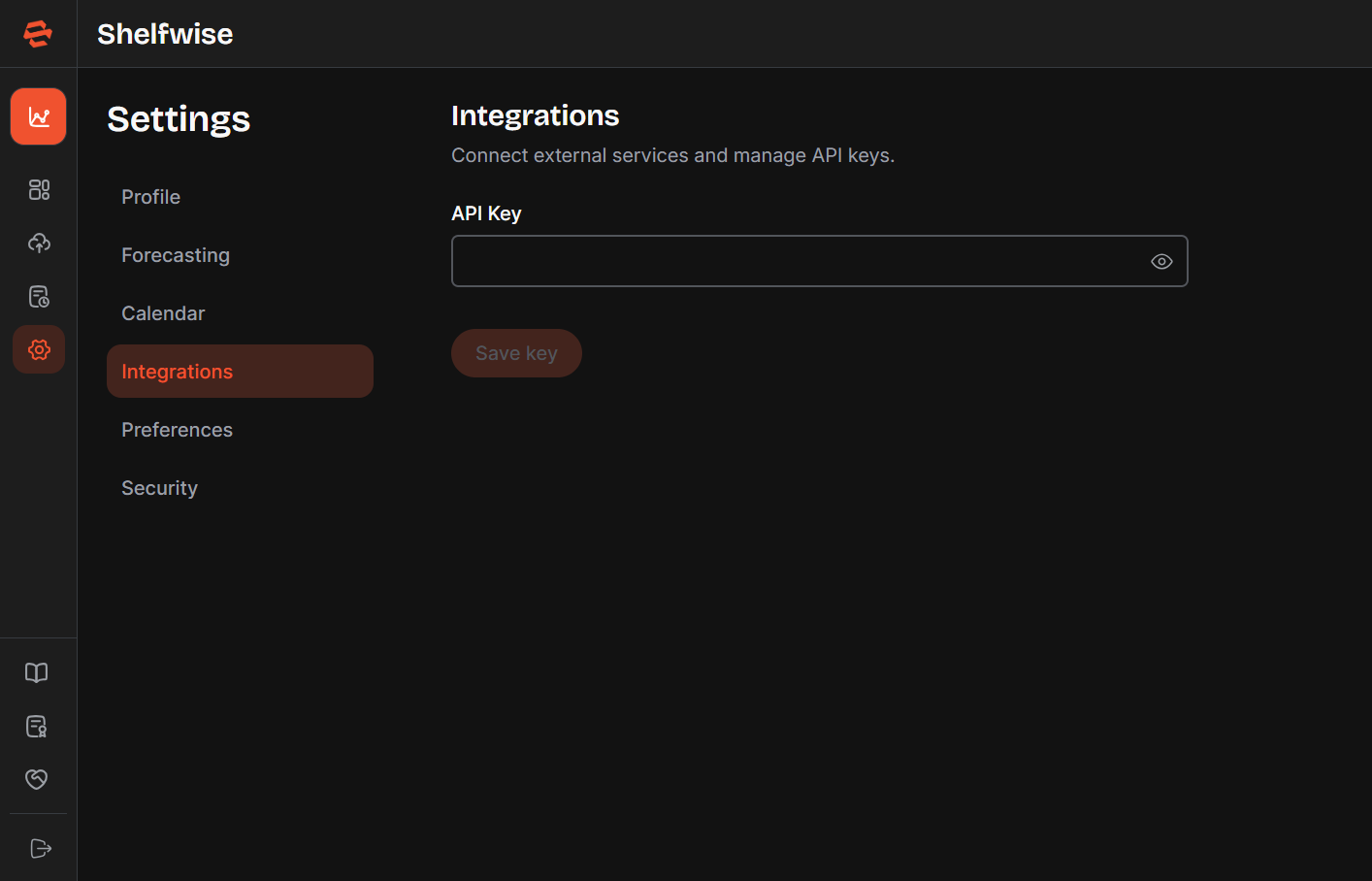Screenshot needed: Settings — Integrations section showing API key input fields for connected services with masked key display