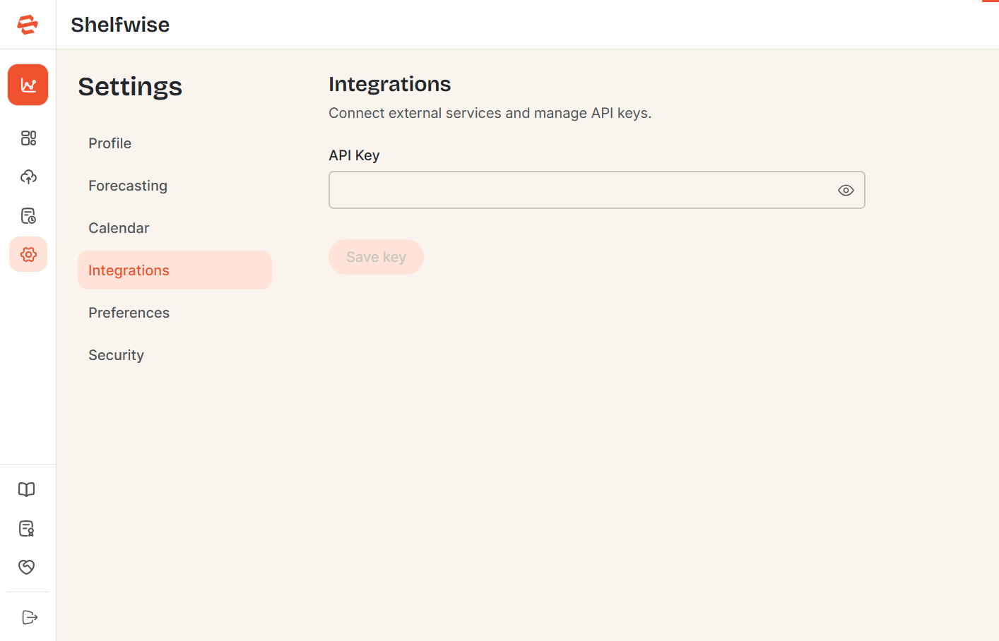 Screenshot needed: Settings — Integrations section showing API key input fields for connected services with masked key display