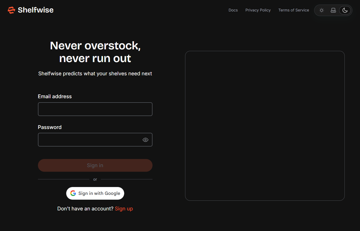 Screenshot: Login page showing the email and password fields and the Continue with Google button