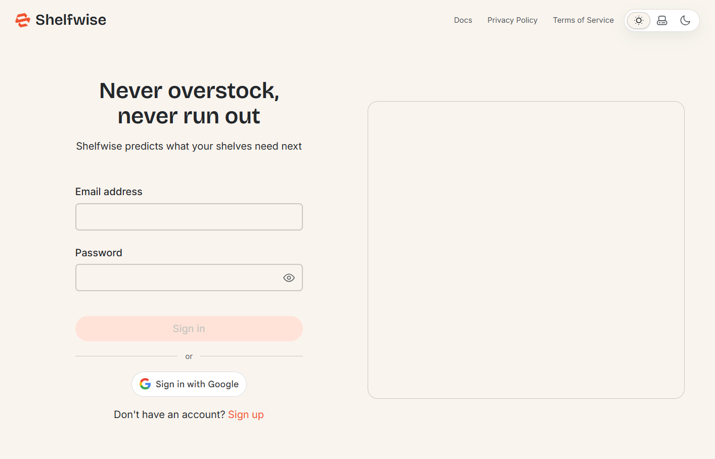 Screenshot: Login page showing the email and password fields and the Continue with Google button
