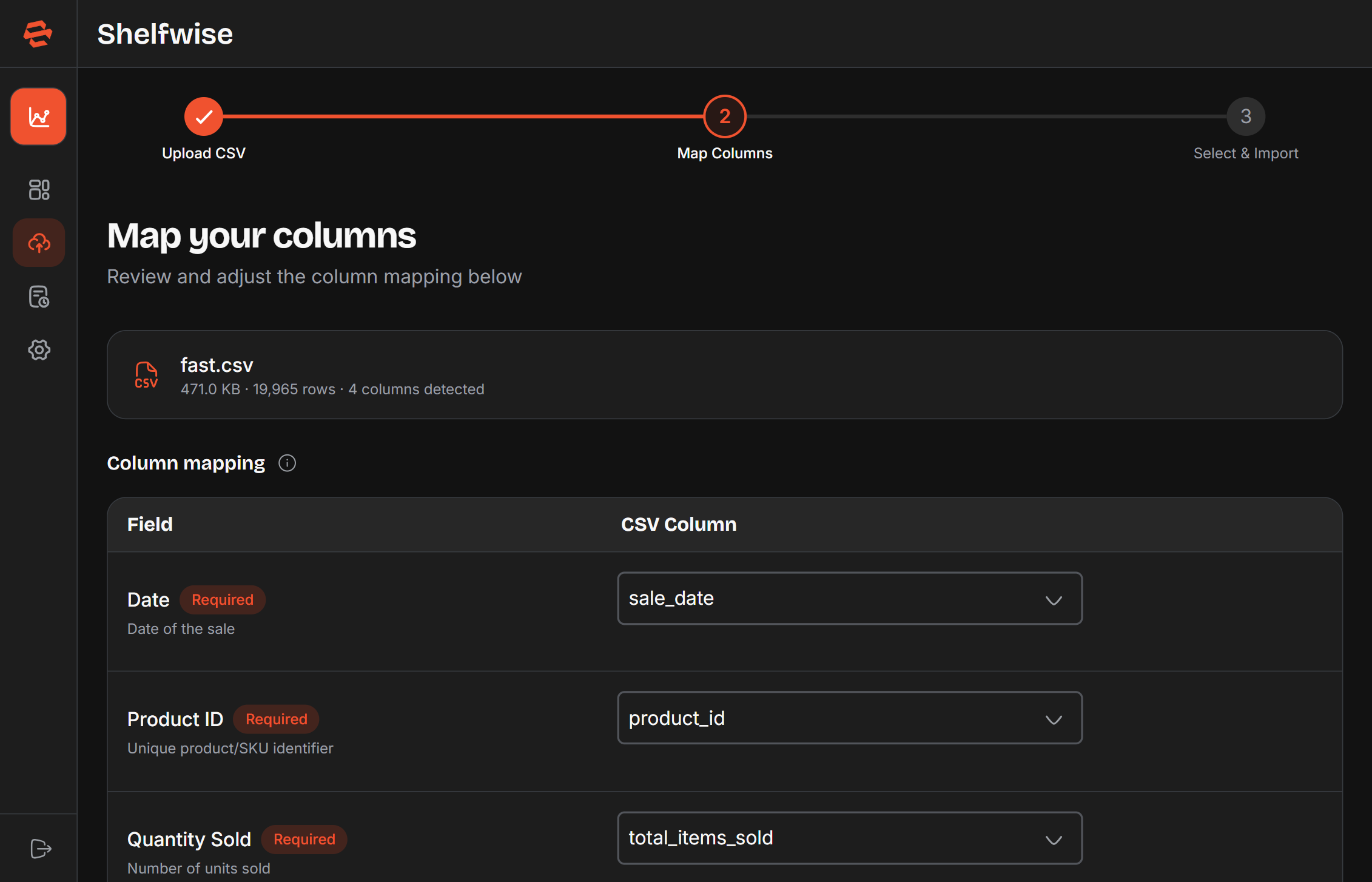 Screenshot: Upload Data page — Step 2: column mapping wizard showing detected CSV headers matched to required fields with confidence indicators