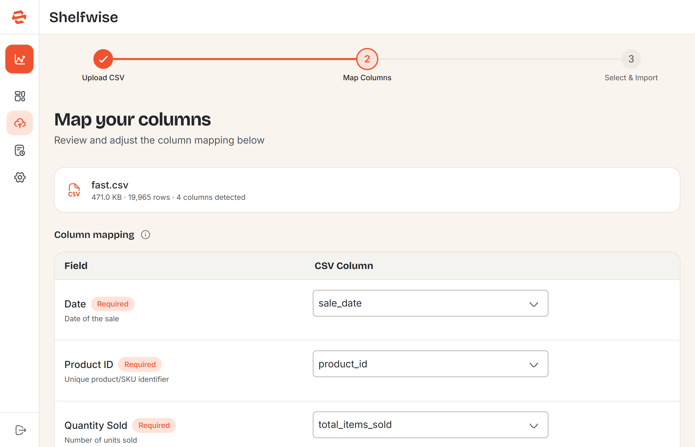 Screenshot: Upload Data page — Step 2: column mapping wizard showing detected CSV headers matched to required fields with confidence indicators