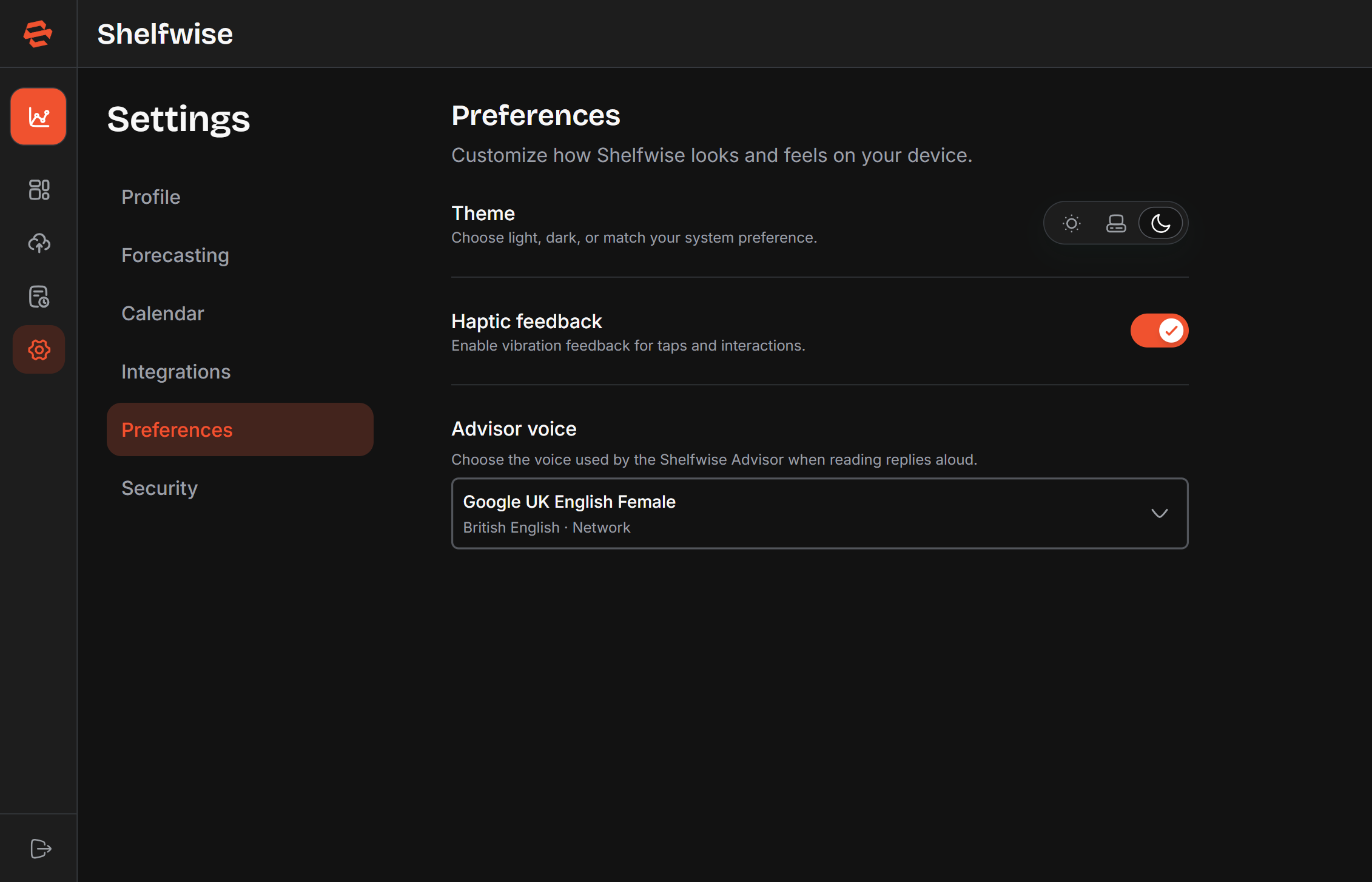 Screenshot needed: Settings — Preferences section showing the theme selector (Light/Dark/Auto) and toggle switches for haptic feedback and voice synthesis