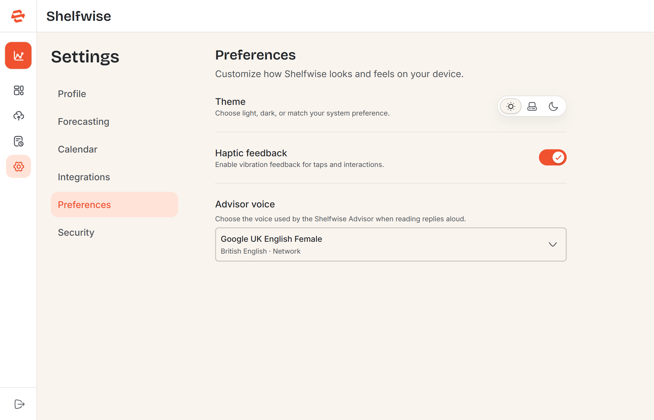 Screenshot needed: Settings — Preferences section showing the theme selector (Light/Dark/Auto) and toggle switches for haptic feedback and voice synthesis