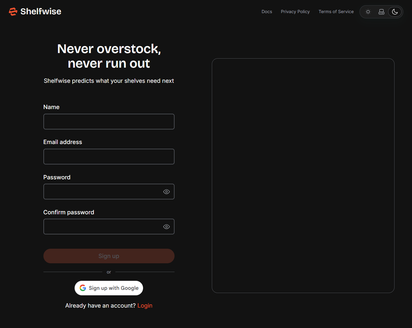 Screenshot: Registration page showing the sign-up form with name, email, password fields and the Continue with Google button