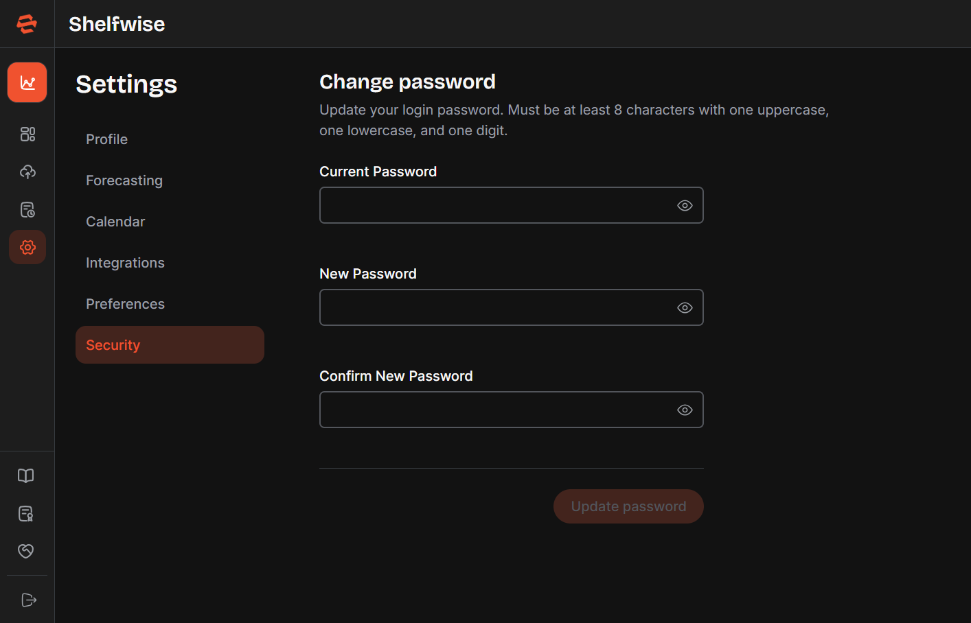 Screenshot needed: Settings — Security section showing current password, new password, and confirm new password fields with a Save button