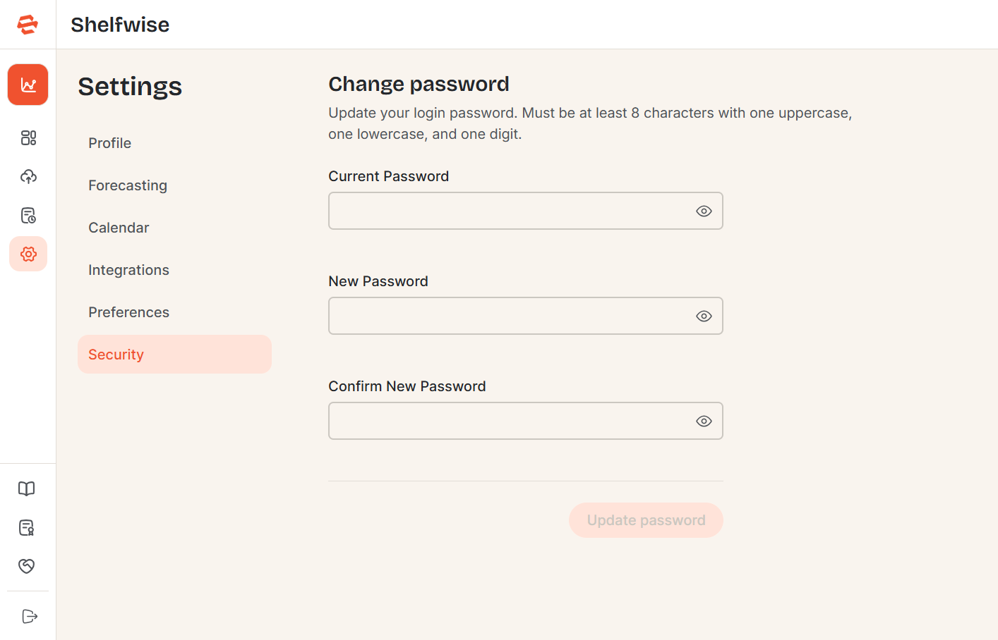 Screenshot needed: Settings — Security section showing current password, new password, and confirm new password fields with a Save button