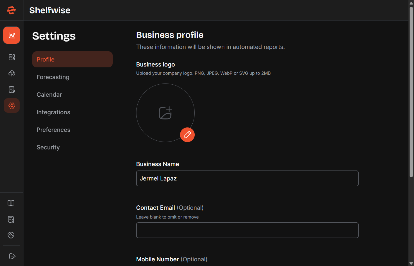 Screenshot: Settings page showing the six section tabs or navigation links: Profile, Forecasting, Calendar, Preferences, Integrations, Security