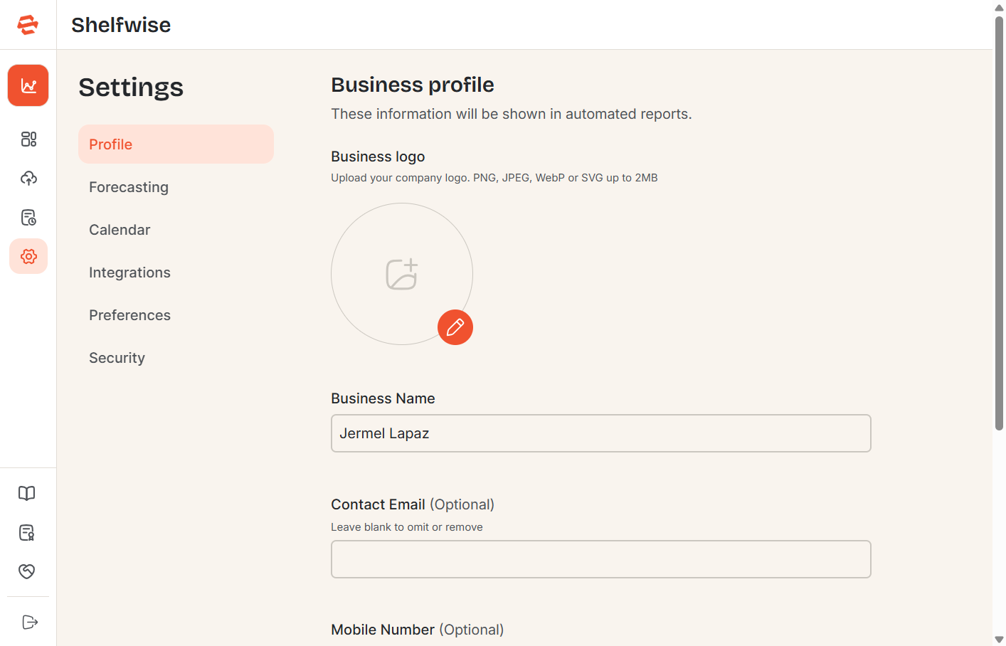 Screenshot: Settings page showing the six section tabs or navigation links: Profile, Forecasting, Calendar, Preferences, Integrations, Security