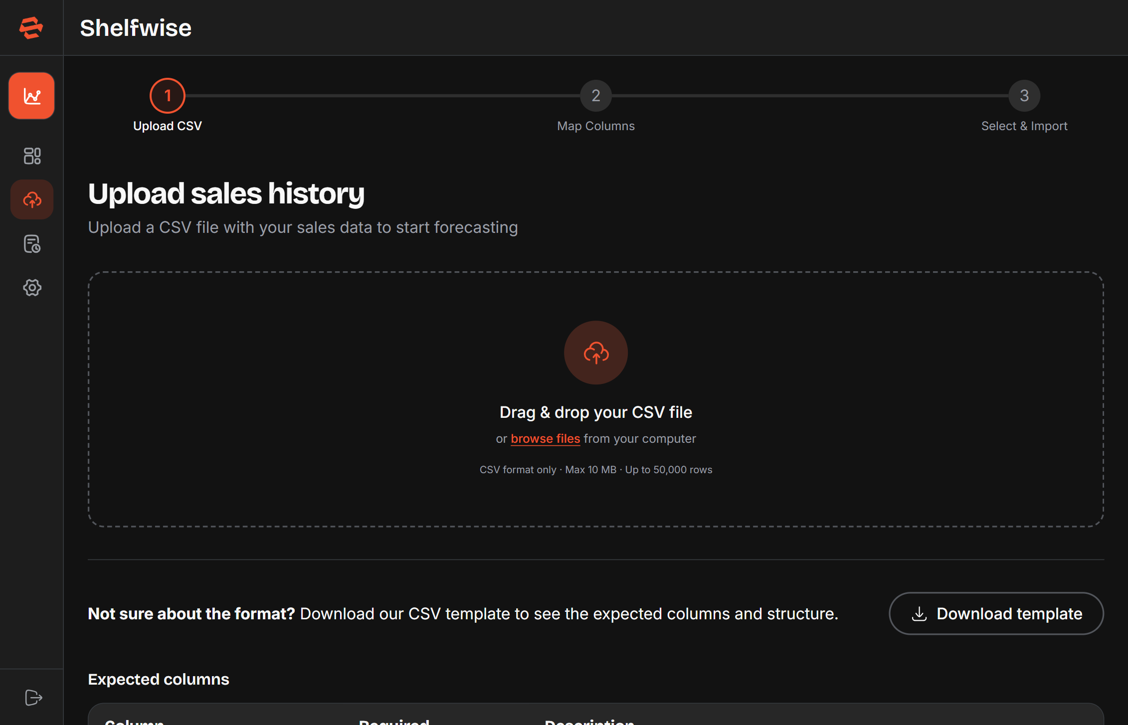 Screenshot: Upload Data page — Step 1: file selection with drag-and-drop zone, file requirements, and CSV template download link
