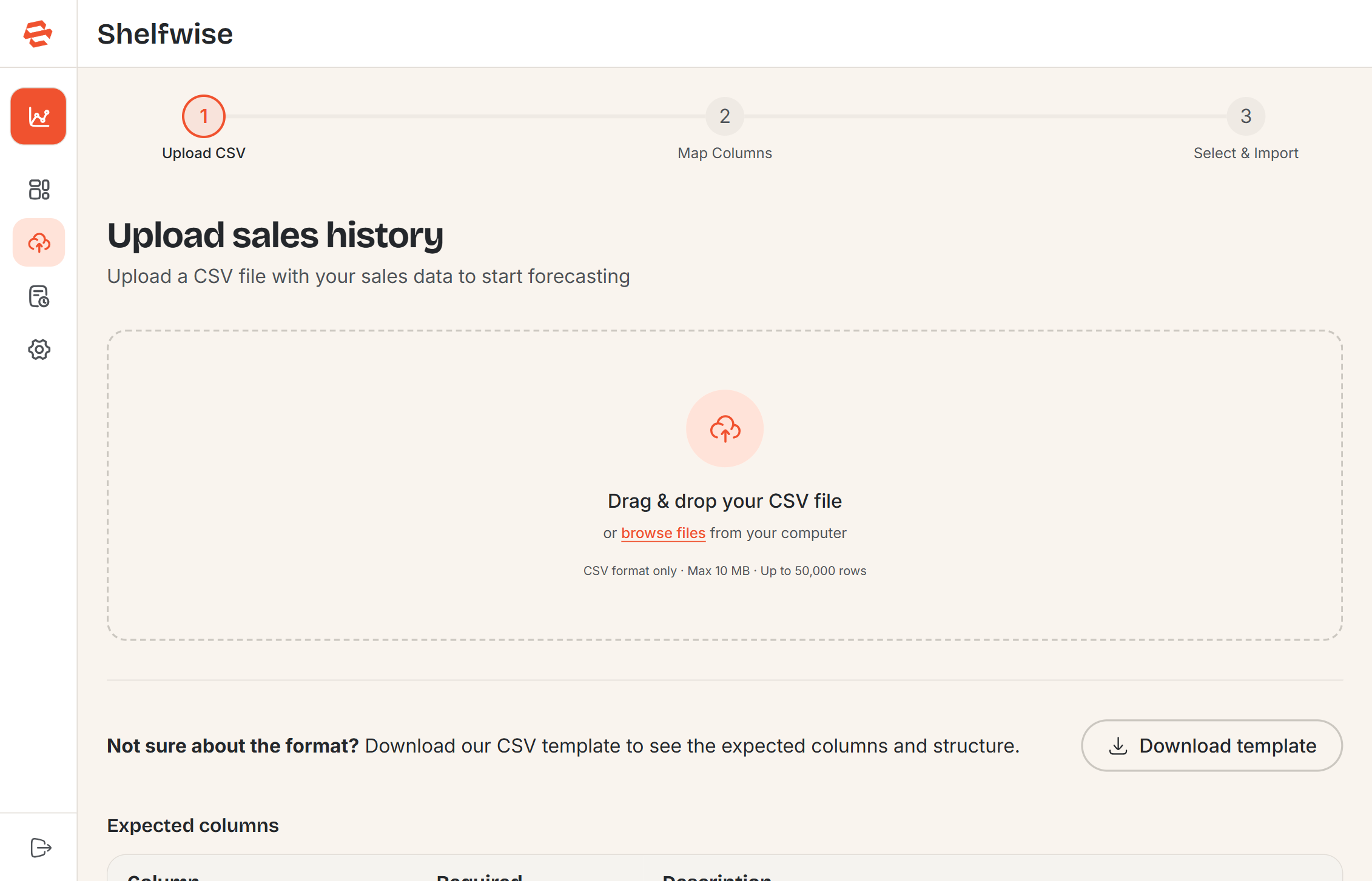 Screenshot: Upload Data page — Step 1: file selection with drag-and-drop zone, file requirements, and CSV template download link